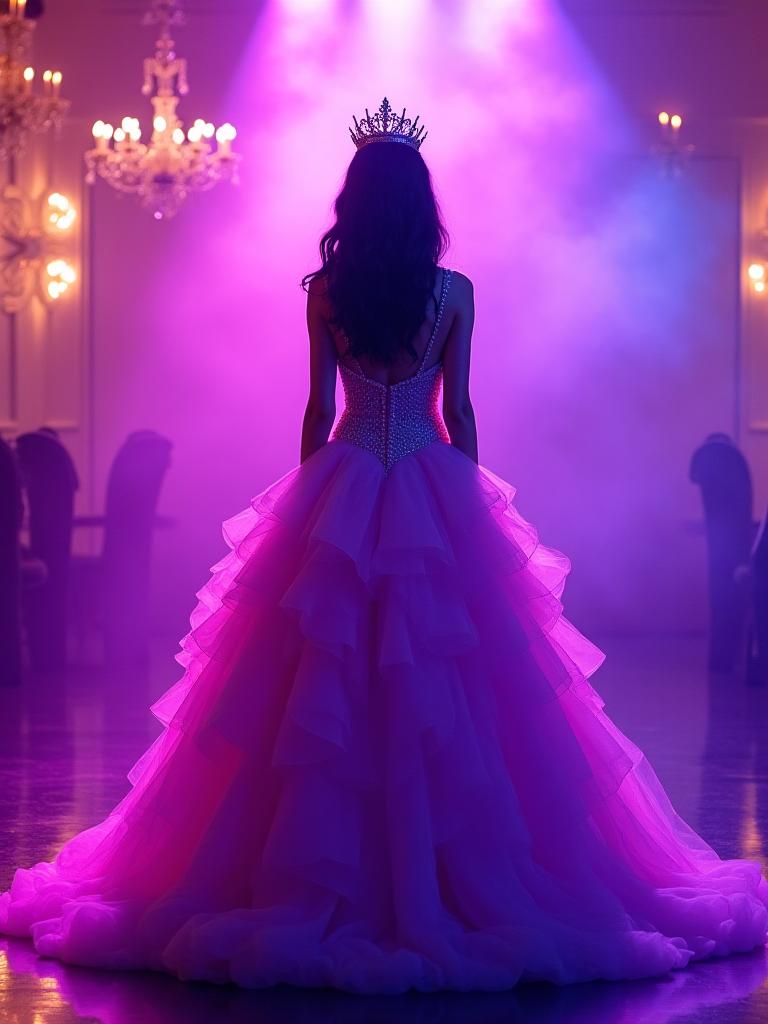 Quinceañera con iluminación colorida en Medellín